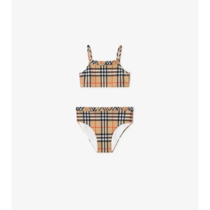 Bikini con bordi arricciati e motivo a quadri
