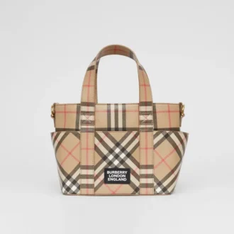 Borsa tote in tela E-Canvas con motivo Vintage Check e logo applicato