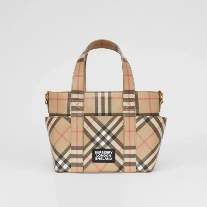 Borsa tote in tela E-Canvas con motivo Vintage Check e logo applicato