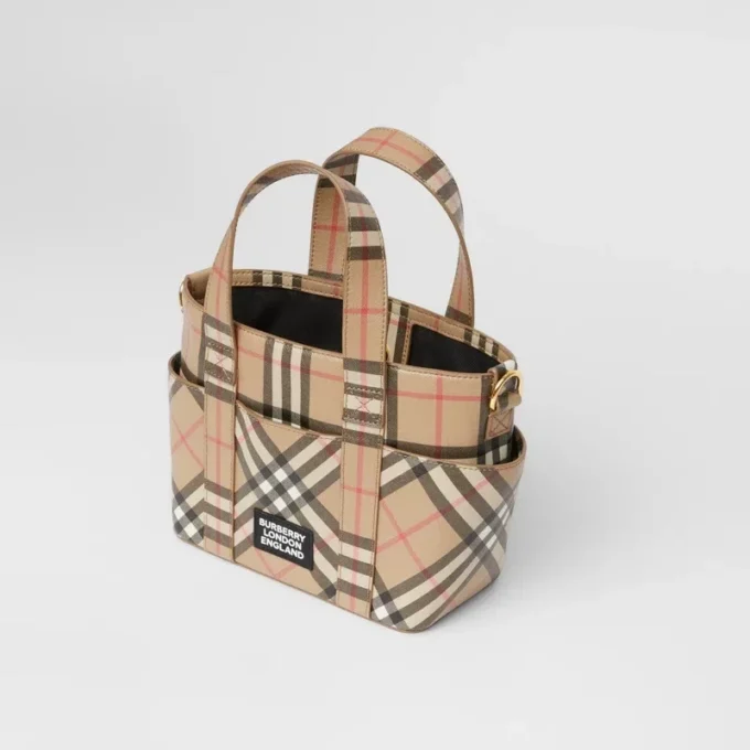 Borsa tote in tela E-Canvas con motivo Vintage Check e logo applicato