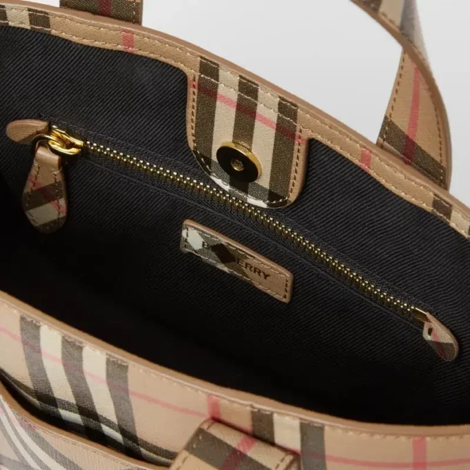 Borsa tote in tela E-Canvas con motivo Vintage Check e logo applicato