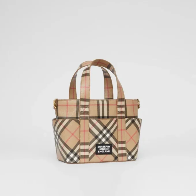 Borsa tote in tela E-Canvas con motivo Vintage Check e logo applicato