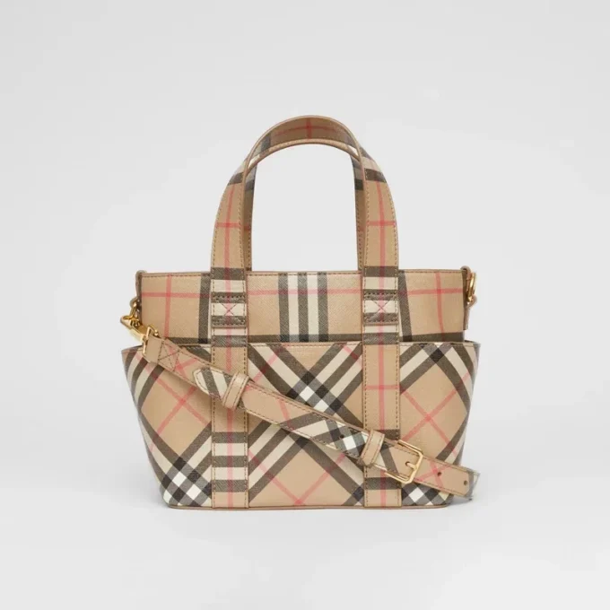 Borsa tote in tela E-Canvas con motivo Vintage Check e logo applicato