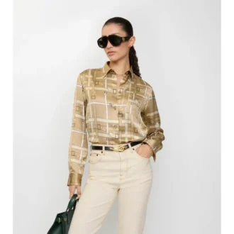 Camicia in viscosa con motivo a quadri e cintura, vestibilità regolare