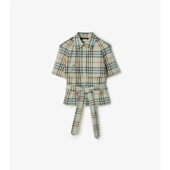 Camicia trench corta in misto lana e lino con motivo a quadri