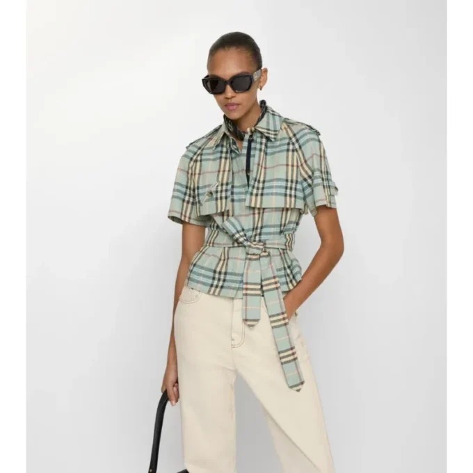 Camicia trench corta in misto lana e lino con motivo a quadri