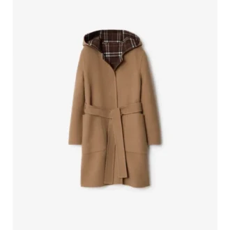 Cappotto avvolgente reversibile in lana con cappuccio