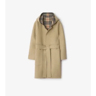 Cappotto avvolgente reversibile in lana con cappuccio
