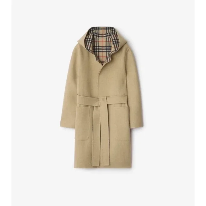 Cappotto avvolgente reversibile in lana con cappuccio