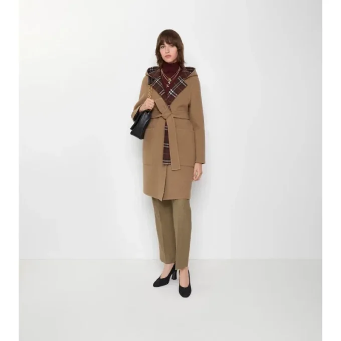 Cappotto avvolgente reversibile in lana con cappuccio