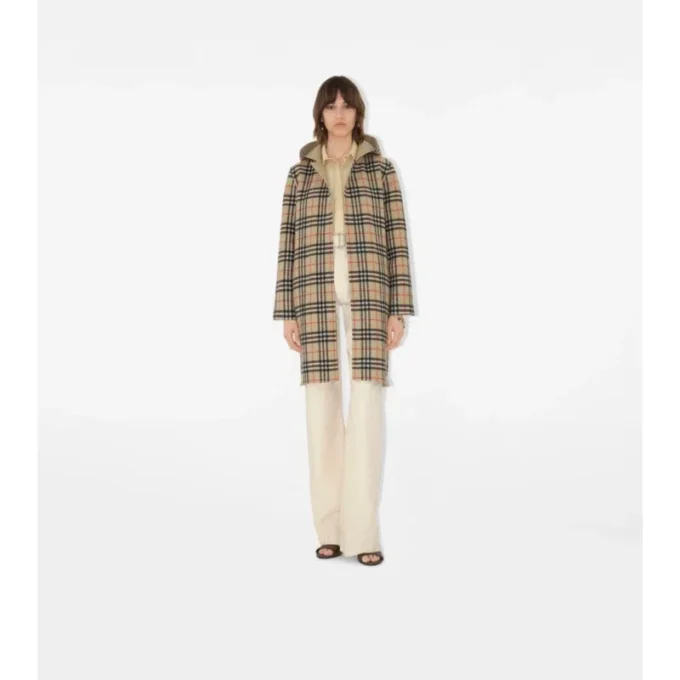 Cappotto avvolgente reversibile in lana con cappuccio