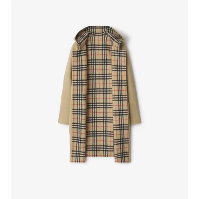 Cappotto avvolgente reversibile in lana con cappuccio