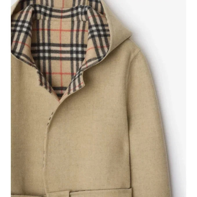 Cappotto avvolgente reversibile in lana con cappuccio