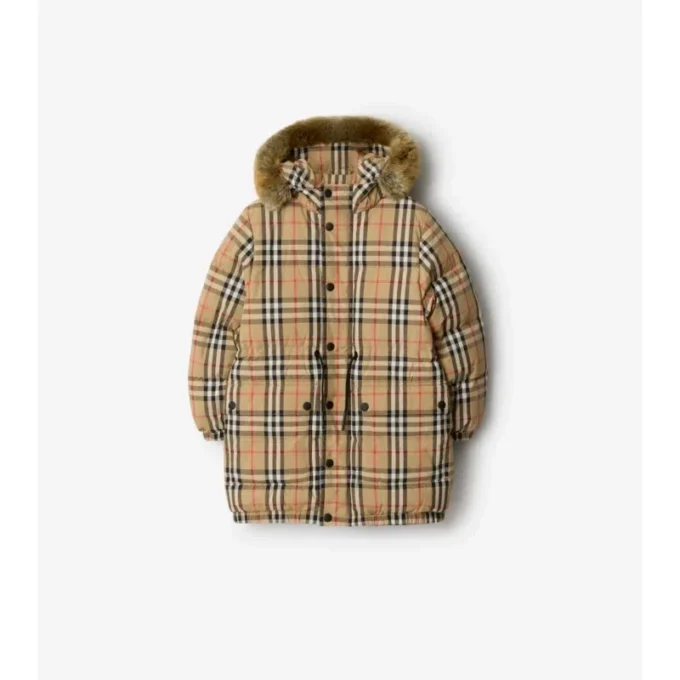 Cappotto in nylon con motivo a quadri e bordo in pelliccia sintetica