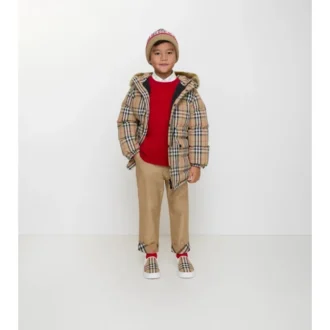 Cappotto in nylon con motivo a quadri e bordo in pelliccia sintetica