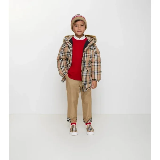 Cappotto in nylon con motivo a quadri e bordo in pelliccia sintetica