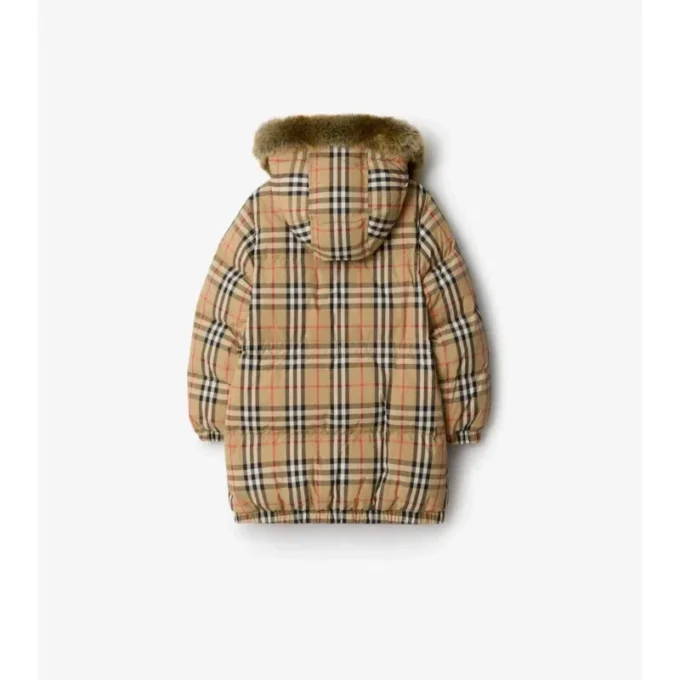 Cappotto in nylon con motivo a quadri e bordo in pelliccia sintetica