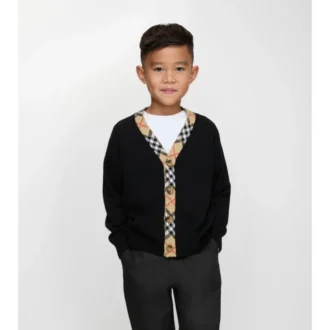 Cardigan in lana con bordi a quadri