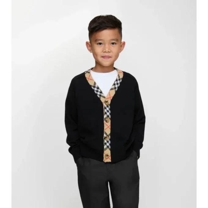 Cardigan in lana con bordi a quadri
