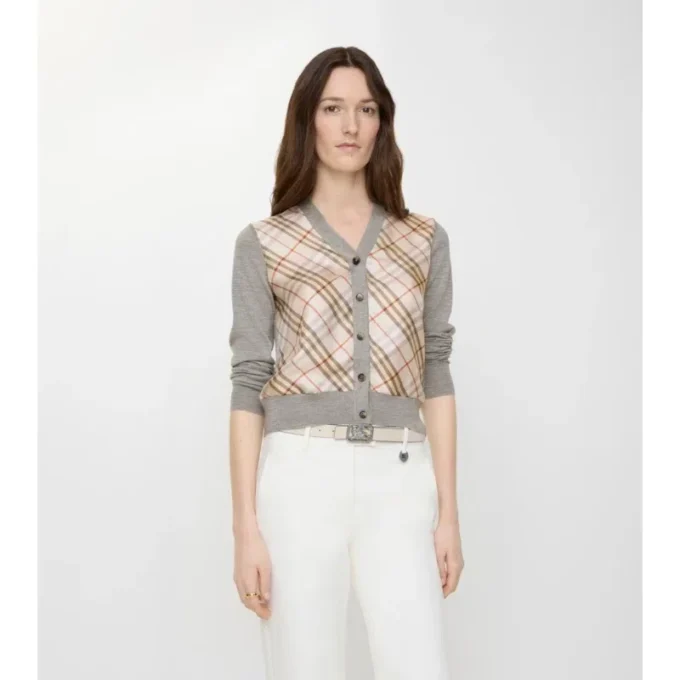 Cardigan in lana e seta con inserti a quadri