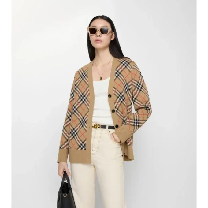 Cardigan in misto cotone e lana a quadri