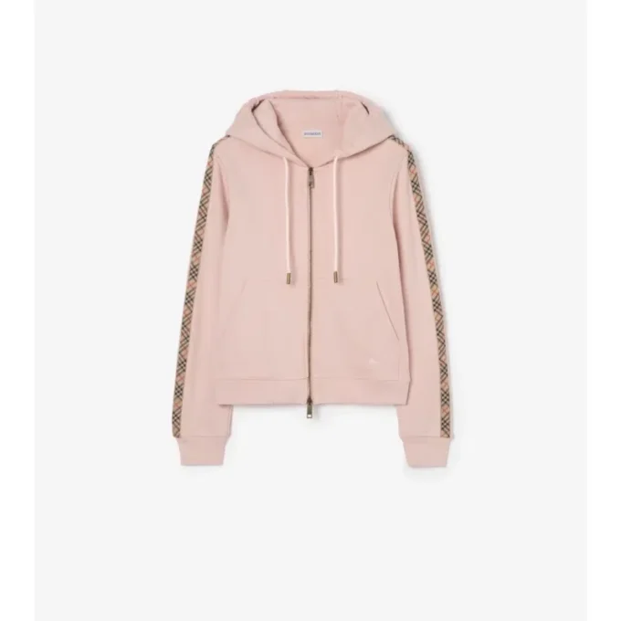 Felpa con cappuccio e zip in cotone con bordi a quadri