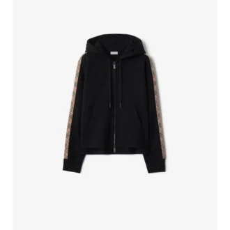 Felpa con cappuccio e zip in cotone con bordi a quadri
