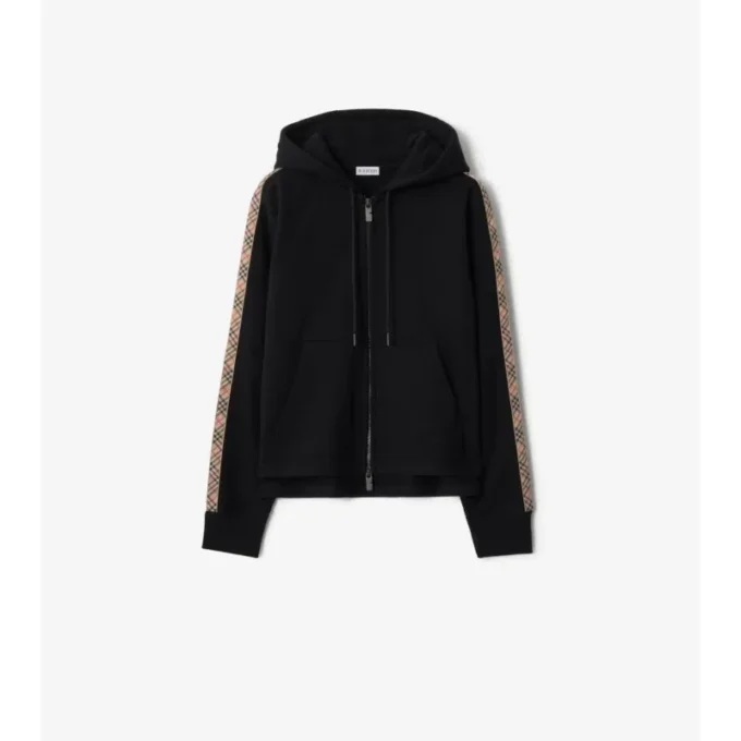 Felpa con cappuccio e zip in cotone con bordi a quadri
