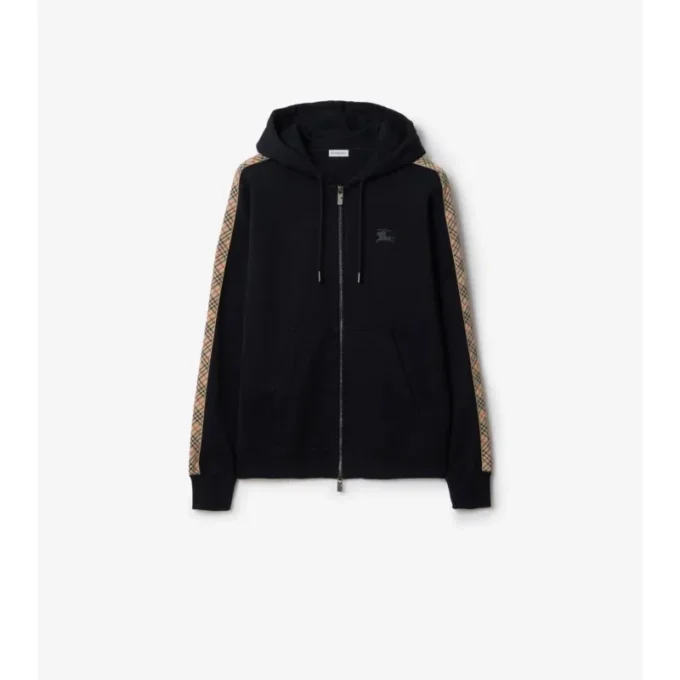 Felpa con cappuccio e zip in cotone con bordi a quadri