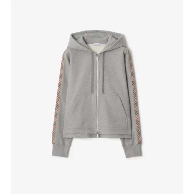 Felpa con cappuccio e zip in cotone con bordi a quadri