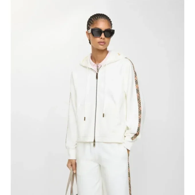 Felpa con cappuccio e zip in cotone con bordi a quadri