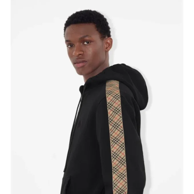 Felpa con cappuccio e zip in cotone con bordi a quadri