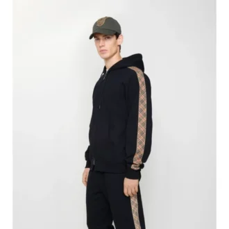 Felpa con cappuccio e zip in cotone con bordi a quadri