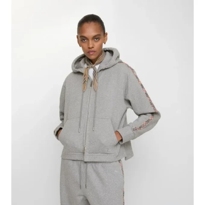 Felpa con cappuccio e zip in cotone con bordi a quadri