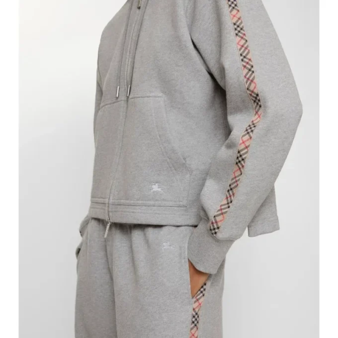 Felpa con cappuccio e zip in cotone con bordi a quadri