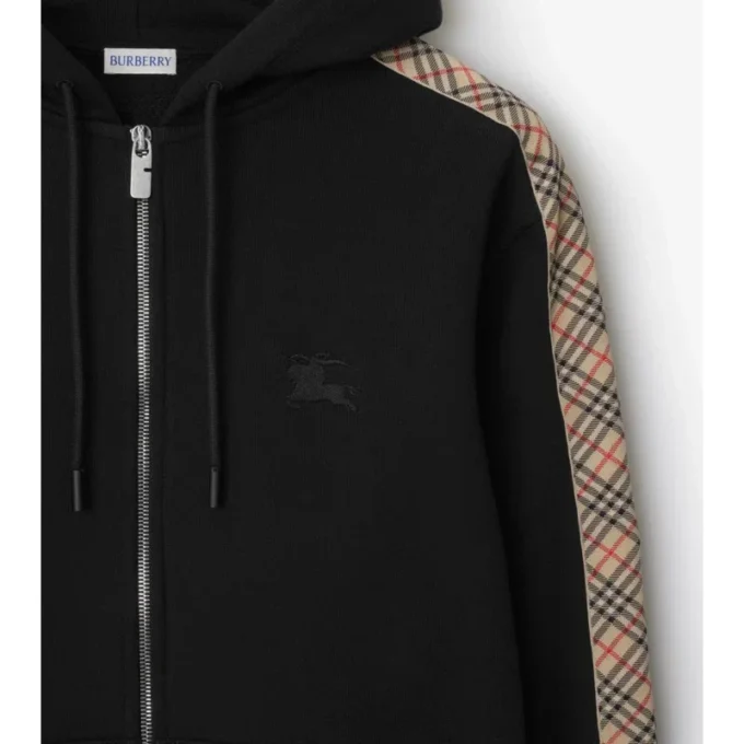 Felpa con cappuccio e zip in cotone con bordi a quadri