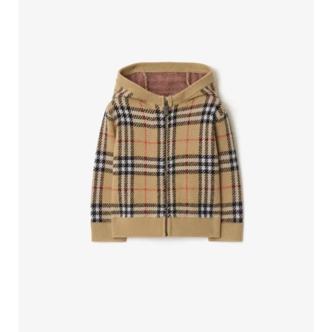 Felpa con cappuccio e zip in lana a quadri