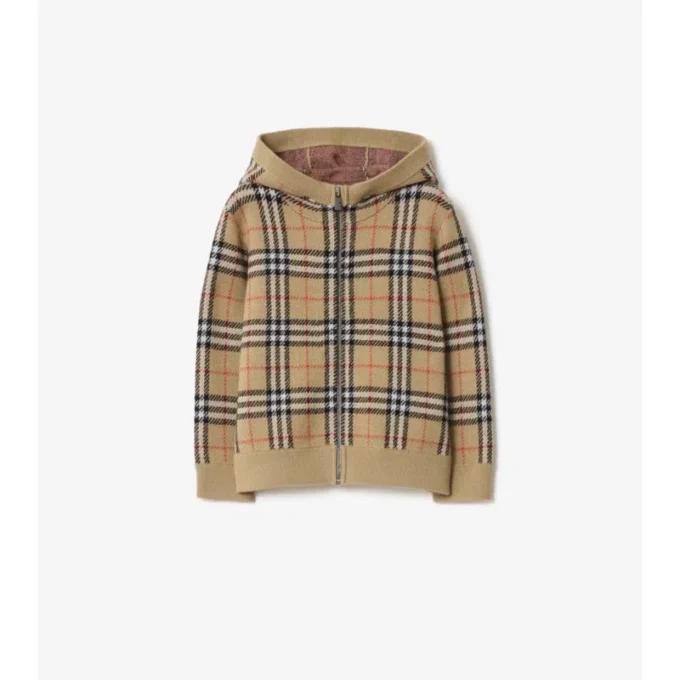 Felpa con cappuccio e zip in lana a quadri