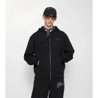 Felpa con cappuccio in cotone con logo in corsivo e zip