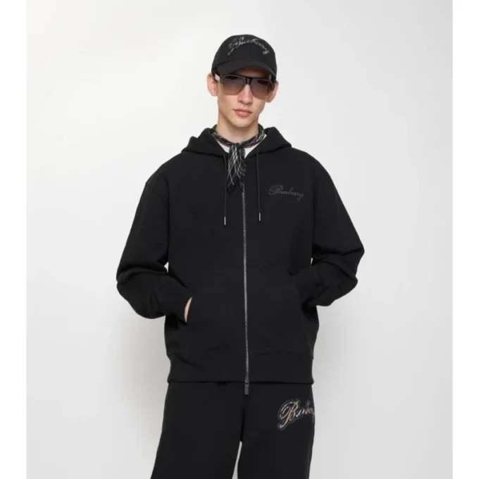 Felpa con cappuccio in cotone con logo in corsivo e zip