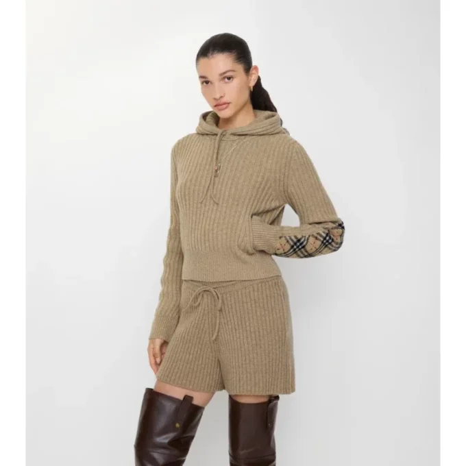 Felpa con cappuccio in lana e cashmere con toppa a quadri