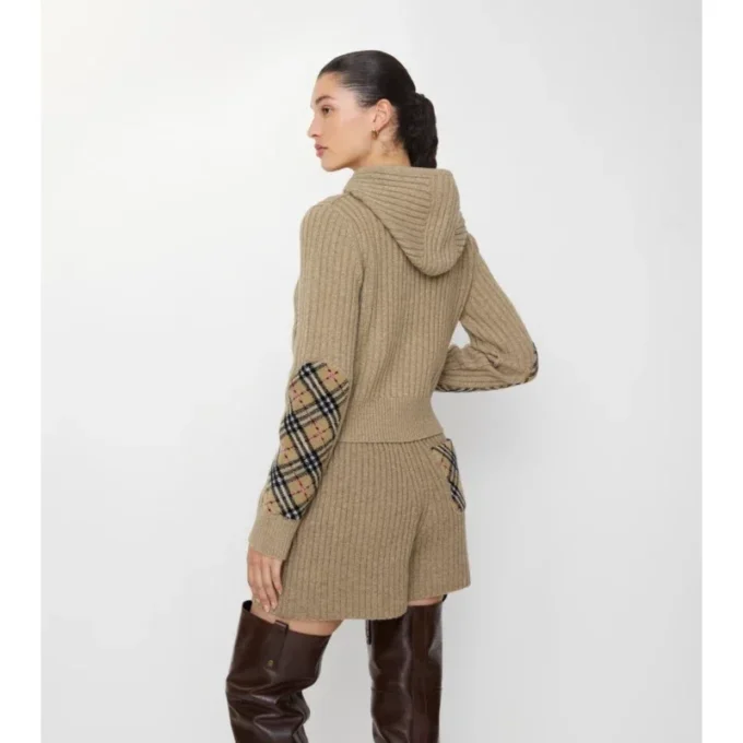 Felpa con cappuccio in lana e cashmere con toppa a quadri