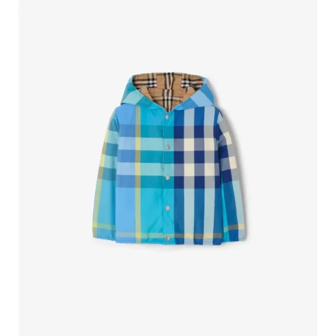 Giacca con cappuccio in nylon a quadri reversibile