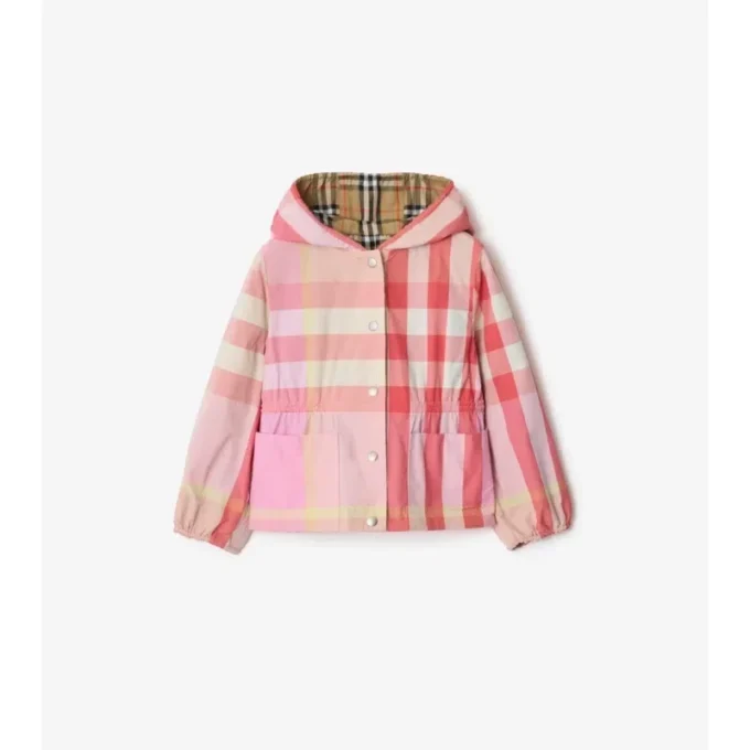 Giacca con cappuccio in nylon a quadri reversibile