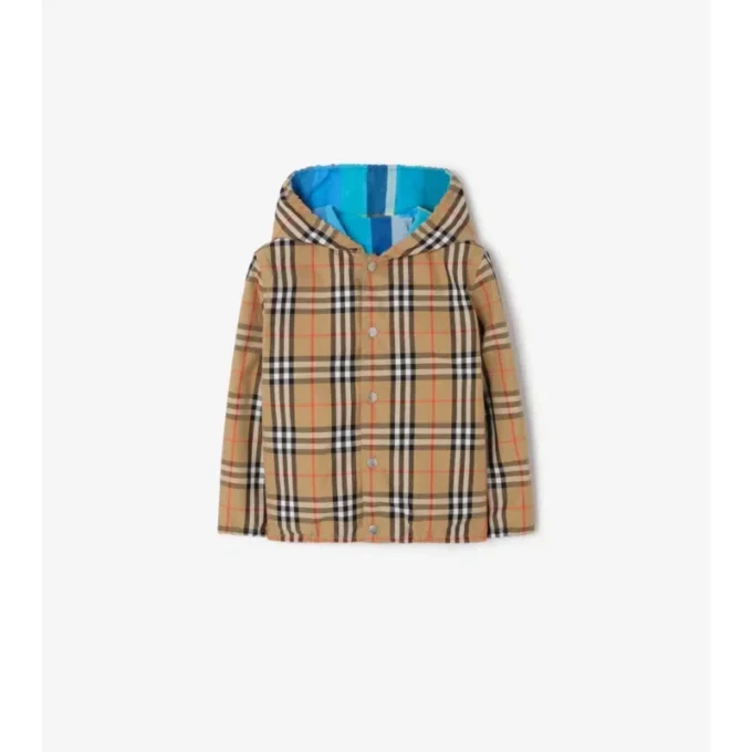 Giacca con cappuccio in nylon a quadri reversibile