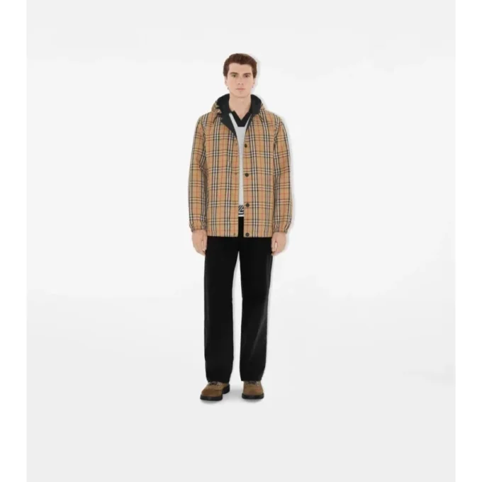 Giacca con cappuccio reversibile in nylon a quadri