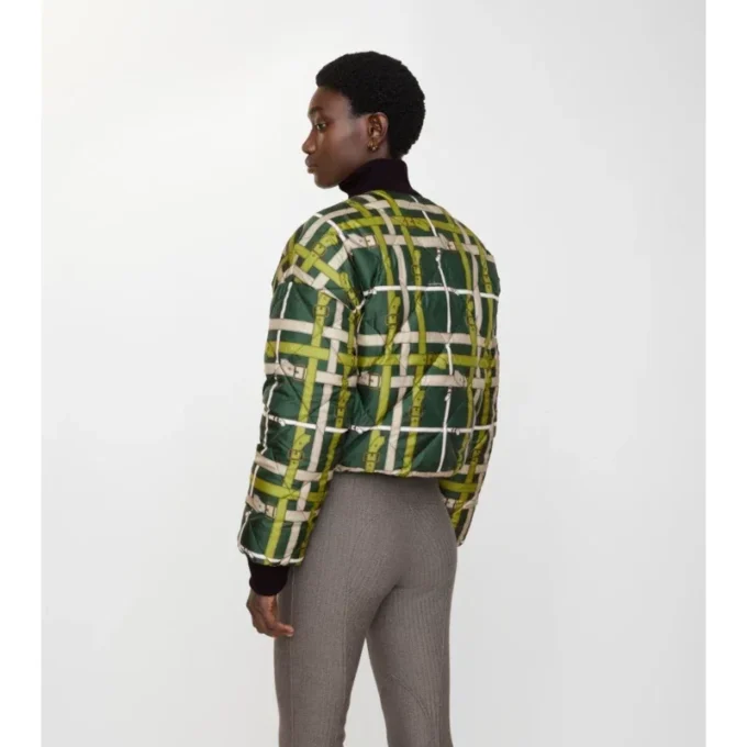 Giacca corta reversibile in nylon con motivo a quadri e cintura