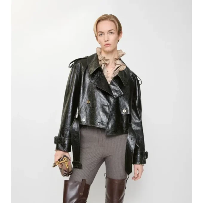Giacca trench corta in pelle goffrata