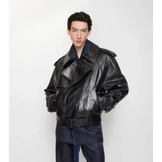 Giacca trench corta in pelle goffrata
