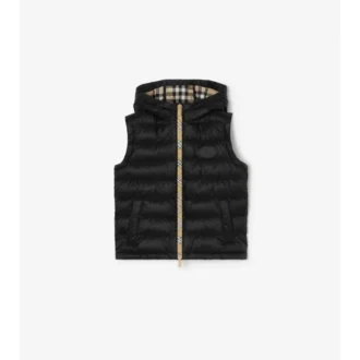 Gilet imbottito con cappuccio in nylon con nastro a quadri